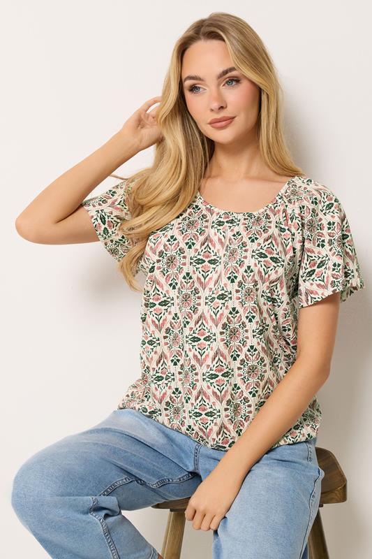 M&Co White & Pink Floral Cotton Scoop Neck Top | M&Co 1