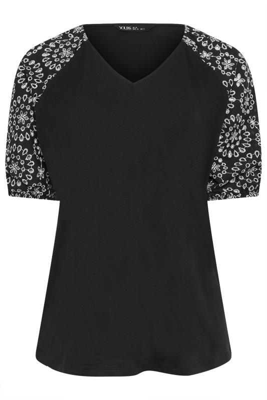 YOURS Plus Size Black Broderie Anglaise Sleeve T-Shirt | Yours Clothing 5