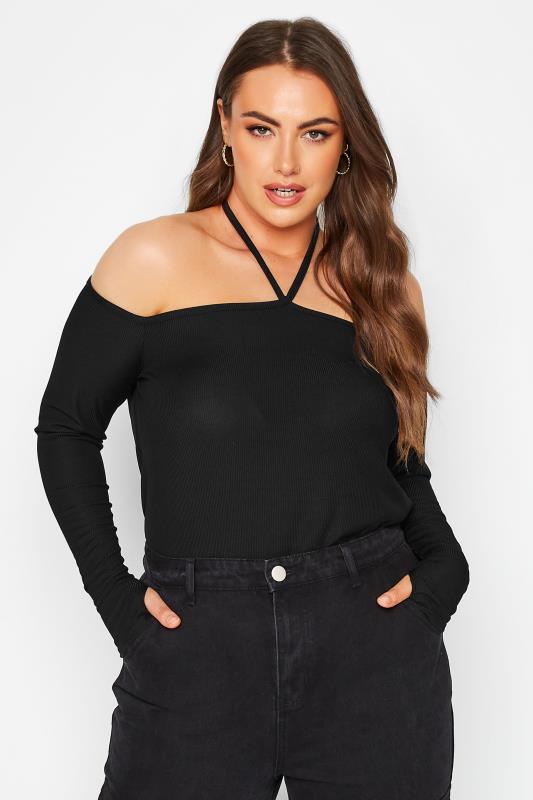  dla puszystych LIMITED COLLECTION Curve Black Tie Neck Cold Shoulder Top