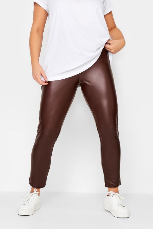 Plus Size  YOURS PETITE Curve Burgundy Red Stretch Leather Look Leggings