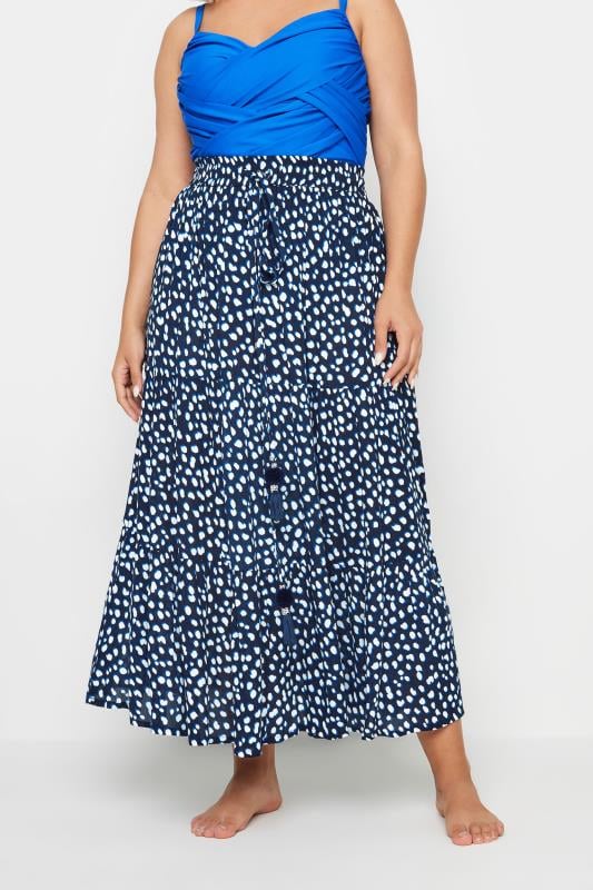 Plus Size  YOURS Curve Navy Blue Spot Print Tiered Beach Skirt