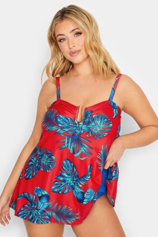 Plus Size  YOURS Curve Red Palm Leaf Tankini Top