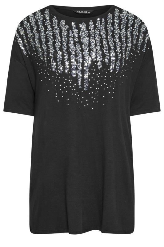 YOURS Plus Size Black Sequin Embellished Neckline T-Shirt | Yours Clothing 5