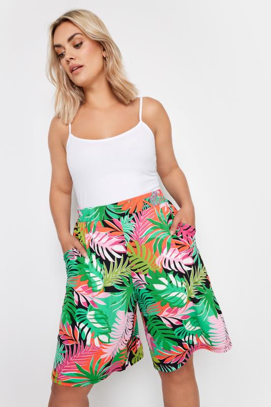  YOURS Curve Green Leaf Print Pull On Shorts