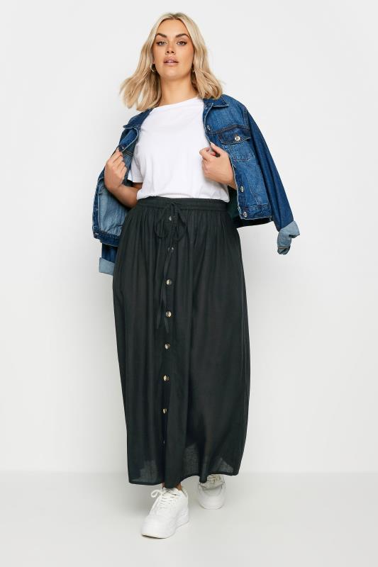 YOURS Plus Size Black Button Front Chambray Maxi Skirt | Yours Clothing 2