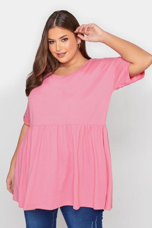 Plus Size Bright Pink Drop Shoulder Peplum Top | Yours Clothing  1