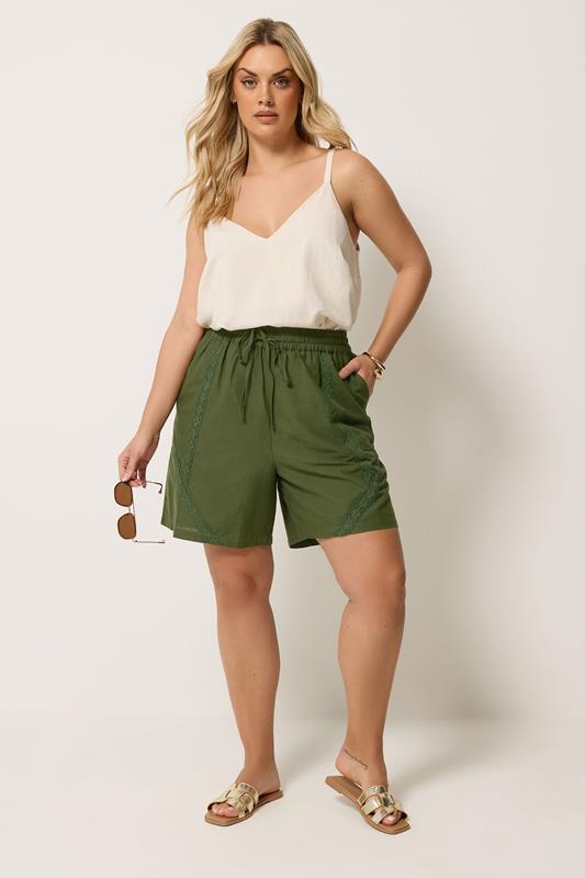 YOURS Plus Size Khaki Green Crochet Drawstring Shorts | Yours Clothing 1