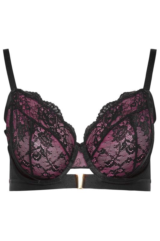 Black & Pink Lace Mesh V-Bar Non-Padded Underwired Bra | Yours Clothing 4