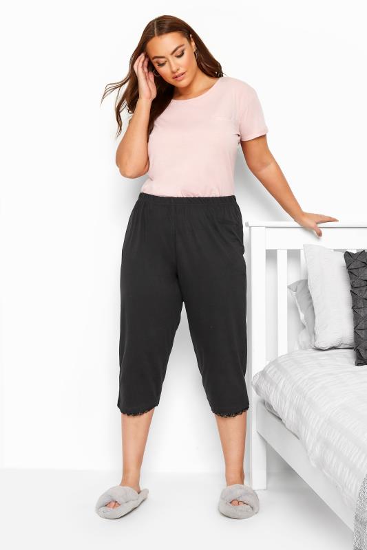 Plus Size Black Lace Trim Crop Pyjama Bottoms | Yours Clothing 2