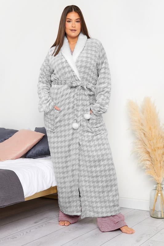 LTS Tall Womens Grey & White Soft Dogtooth Dressing Gown | Long Tall Sally 1