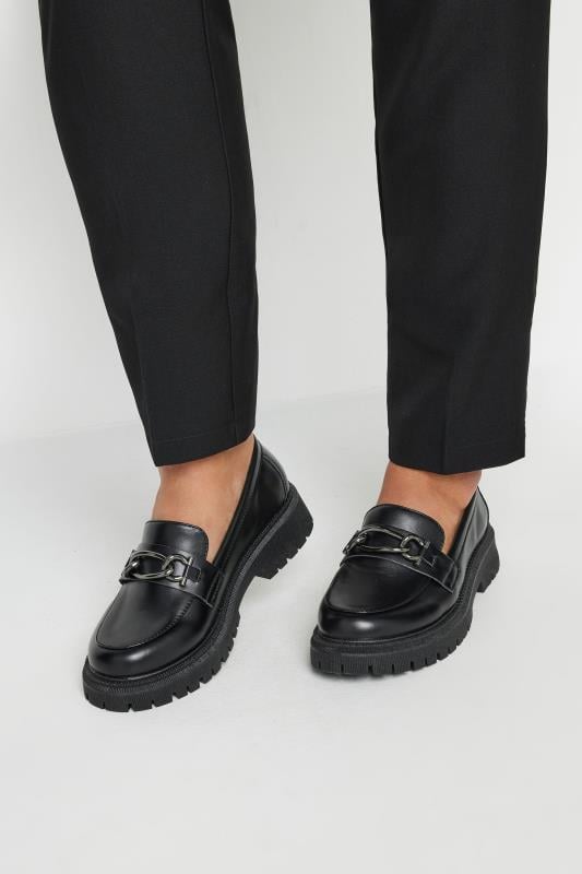  Grande Taille Black Chain Detail Chunky Loafers In Wide E Fit & Extra Wide EEE Fit