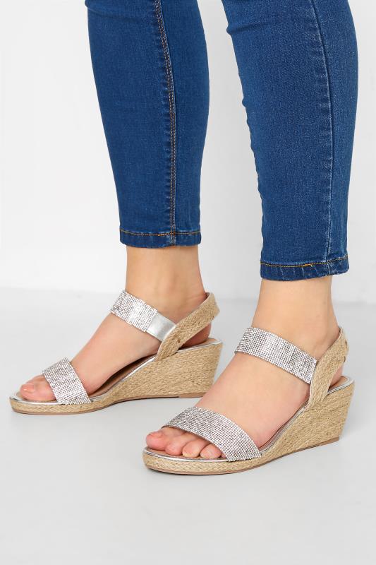  Tallas Grandes Silver Espadrille Wedge Sandals In Wide E Fit & Extra Wide EEE Fit