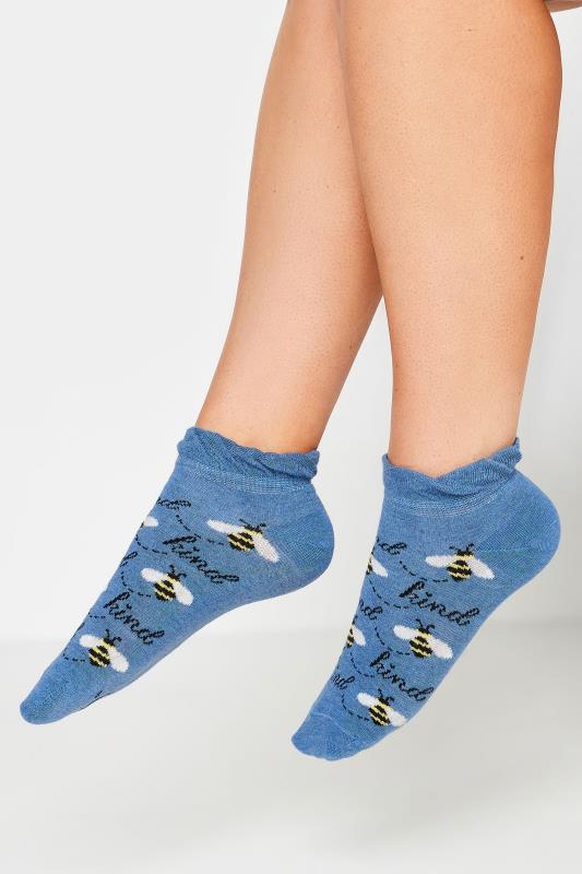 4 PACK Blue 'Bee Kind' Trainer Liner Socks | Yours Clothing 2
