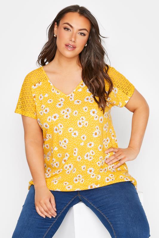Plus Size Yellow Daisy Floral Print Lace Detail Bubble Hem T-Shirt | Yours Clothing 1
