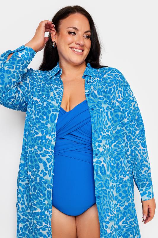 YOURS Plus Size Blue Leopard Print Longline Beach Shirt | Yours Clothing 5