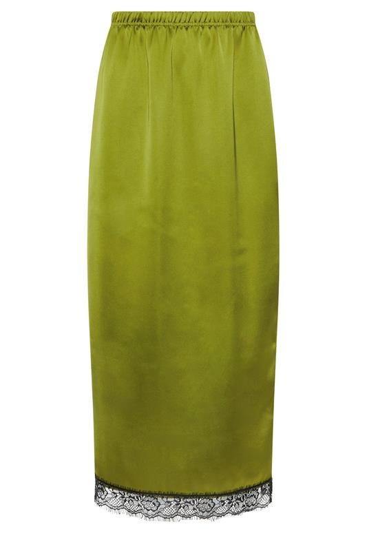 PixieGirl Petite Women's Olive Green Lace Hem Satin Maxi Skirt | PixieGirl 5