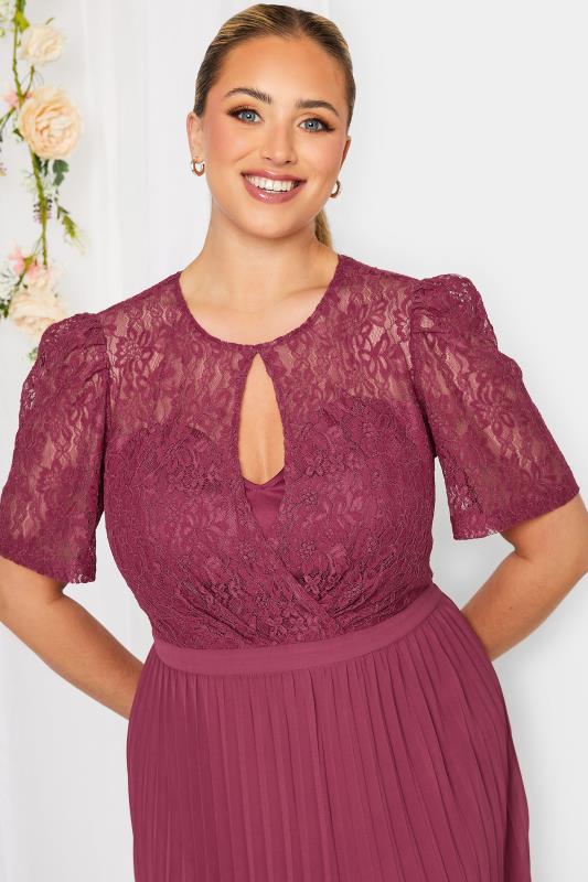 YOURS LONDON Plus Size Burgundy Red Lace Puff Sleeve Pleated Maxi Dress | Yours Clothing 4