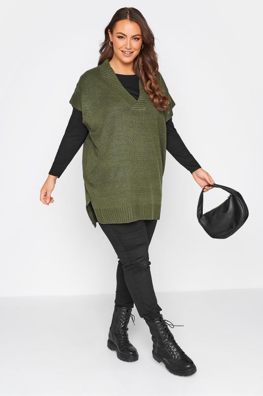 Plus Size Curve Khaki Green Knitted V-Neck Vest | Yours Clothing 2