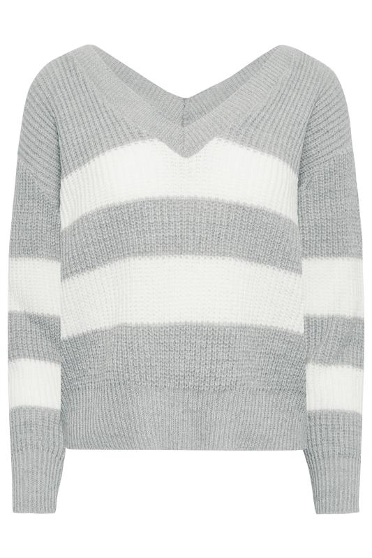 Petite Grey & White Stripe V-Neck Knitted Jumper | PixieGirl 6