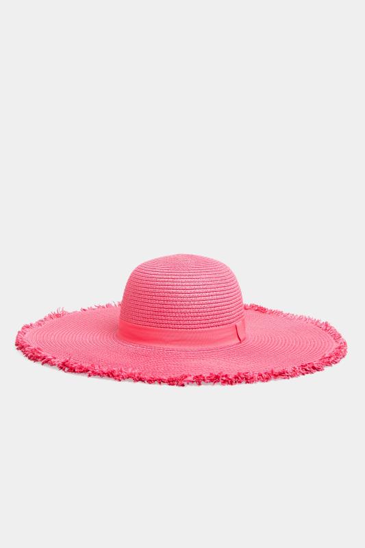 Hot Pink Frayed Edge Straw Hat | Yours Clothing  1