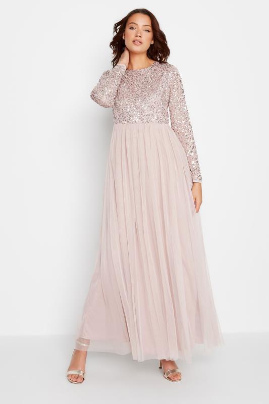 Tall  LTS Tall Blush Pink Long Sleeve Sequin Hand Embellished Maxi Dress