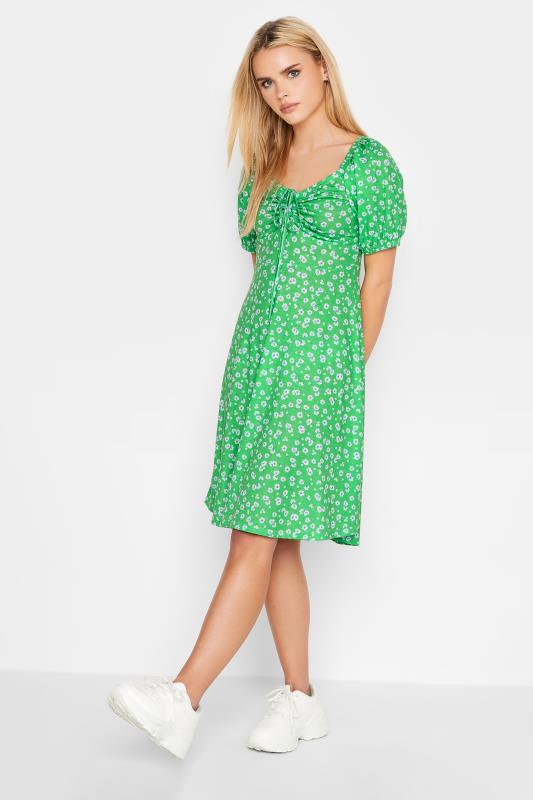 Petite Green Daisy Print Ruched Front Dress | PixieGirl 1