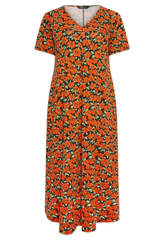 YOURS Plus Size Orange Floral Print Pleated Front Maxi Dress | Yours Clothing 5
