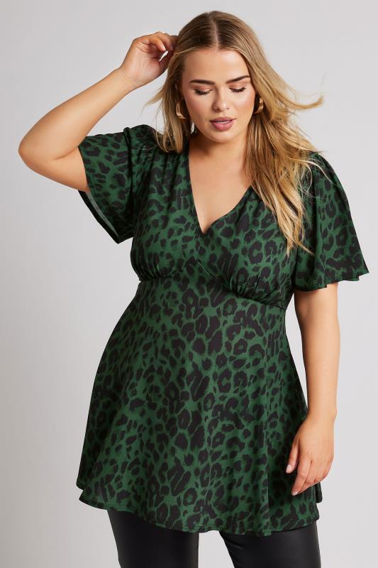 YOURS LONDON Plus Size Green Leopard Print Angel Sleeve Blouse | Yours Clothing 1