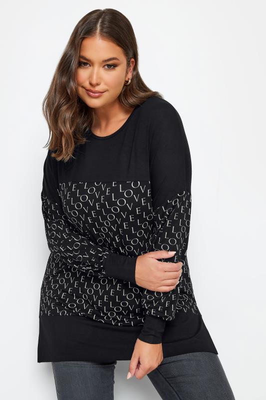 YOURS Curve Plus Size Black 'Love' Panel Top | Yours Clothing  1