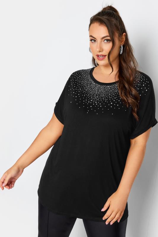 Plus Size Black Stud Embellished Grown On Sleeve T-Shirt | Yours Clothing 1