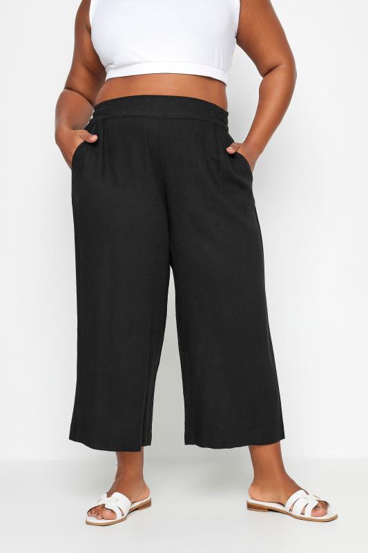 YOURS Plus Size Black Wide Leg Cropped Linen Trousers | Yours Clothing 1