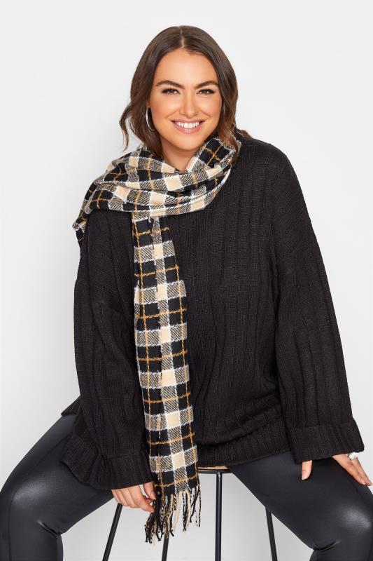 Black & Beige Check Print Tassel Scarf | Yours Clothing 1