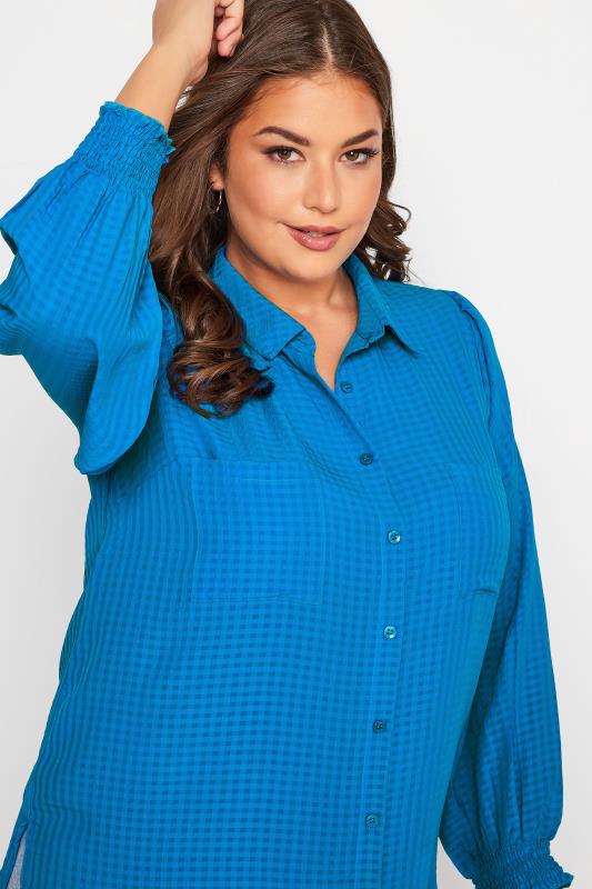 Plus Size Blue Jacquard Check Shirred Cuff Blouse | Yours Clothing 4