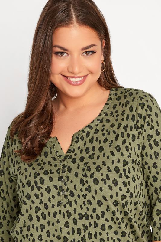 Plus Size Green Animal Print Pintuck Henley T-Shirt | Yours Clothing 4