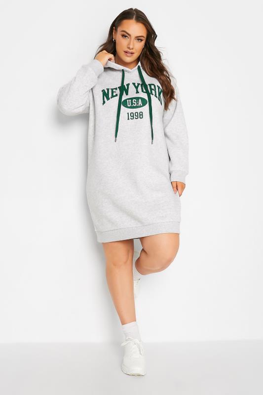 Plus Size  YOURS Curve Grey 'New York' Slogan Hoodie Dress
