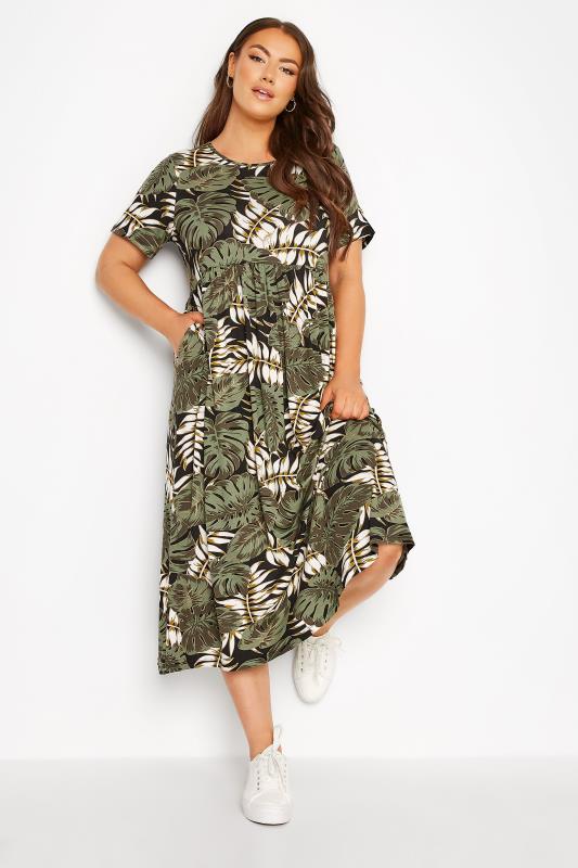 Plus Size  Curve Black Tropical Print Pocket Maxi Dress