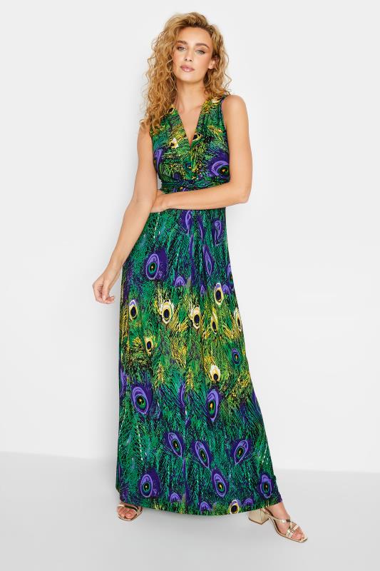  Grande Taille LTS Tall Green Peacock Print V-Neck Knot Front Maxi Dress