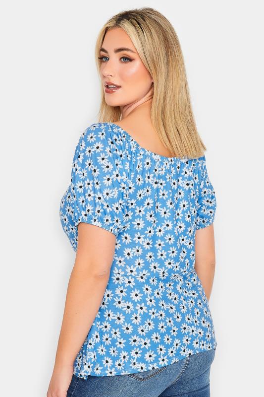 YOURS PETITE Plus Size Blue Daisy Print Ruched Front Top | Yours Clothing 3