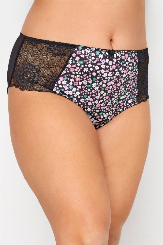 Plus Size Black Ditsy Floral Lace Mid Rise Full Briefs | Yours Clothing 1