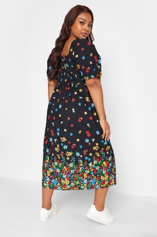 LIMITED COLLECTION Plus Size Black Floral Border Print Shirred Midi Dress | Yours Clothing 3