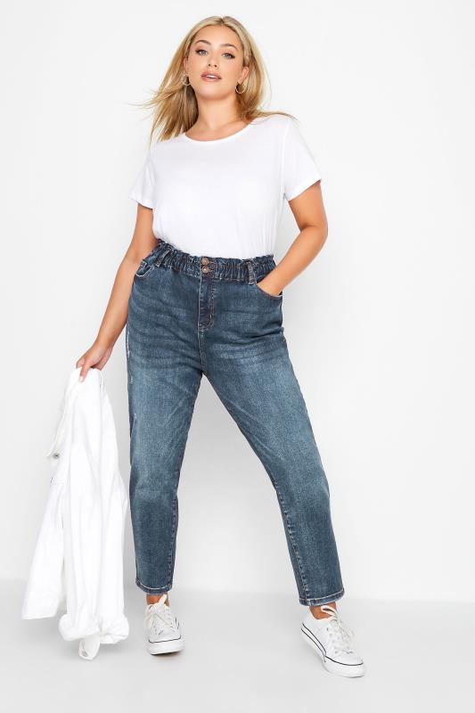 Plus Size Indigo Blue Washed Elasticated Stretch MOM Jeans | Yours Clothing  2