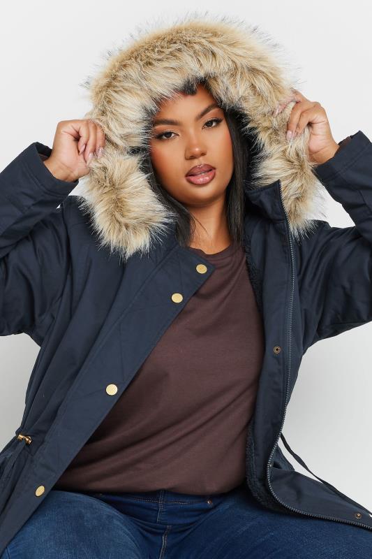 YOURS Plus Size Navy Blue Faux Fur Trim Parka Coat Yours Clothing