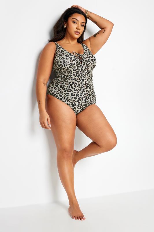 YOURS Plus Size Brown Leopard Print Plunge Tummy Control Swimsuit | Yours Clothing 2