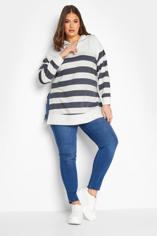 YOURS Plus Size White & Blue Stripe Quarter Zip Jumper | Yours Clothing 2