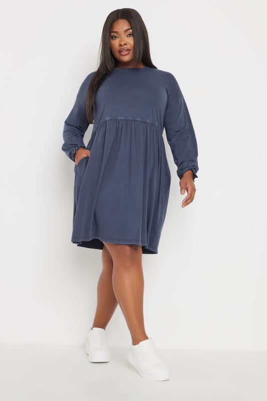  Tallas Grandes YOURS Curve Blue Acid Wash Frill Sleeve Midi Dress