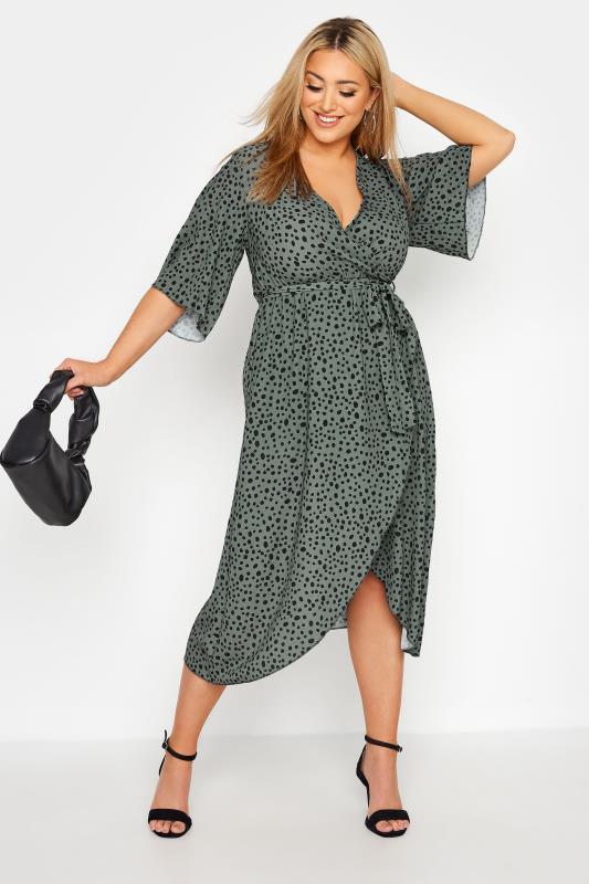 YOURS LONDON Plus Size Green Dalmatian Print Midi Wrap Dress | Yours Clothing 2