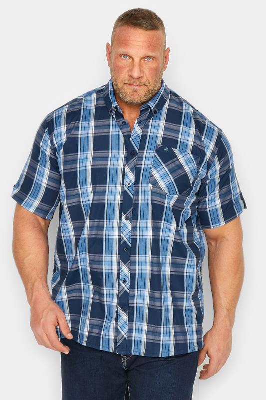 Grande Taille ESPIONAGE Big & Tall Navy Blue Short Sleeve Check Shirt
