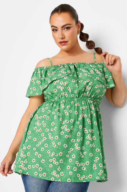 Plus Size  LIMITED COLLECTION Curve Green Floral Frill Cold Shoulder Top