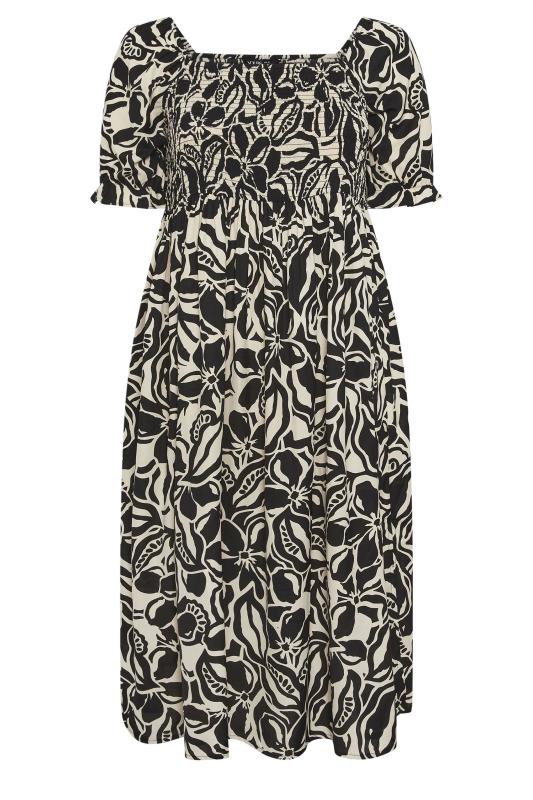 YOURS Plus Size Black Abstract Floral Print Shirred Midi Dress | Yours Clothing 6