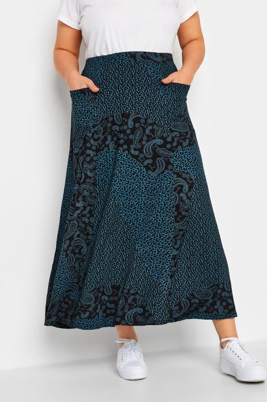 YOURS Curve Black Mixed Print Pocket Detail Maxi Skirt | Yours Clothing 1